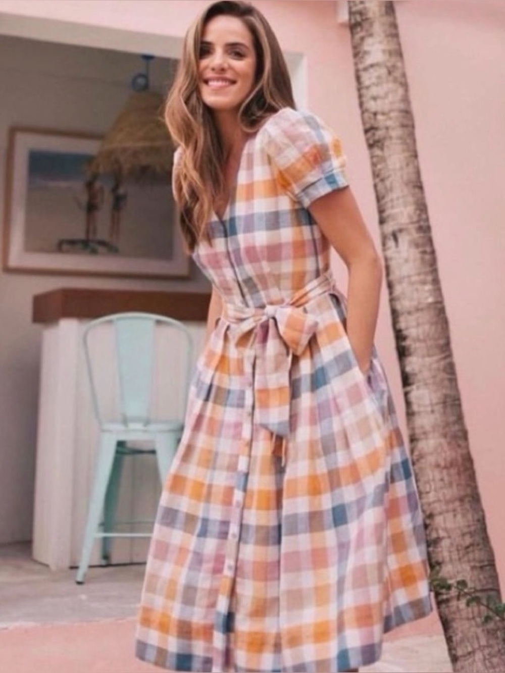 Plaid Button-Front Cotton Midi Dress in pastel rainbow